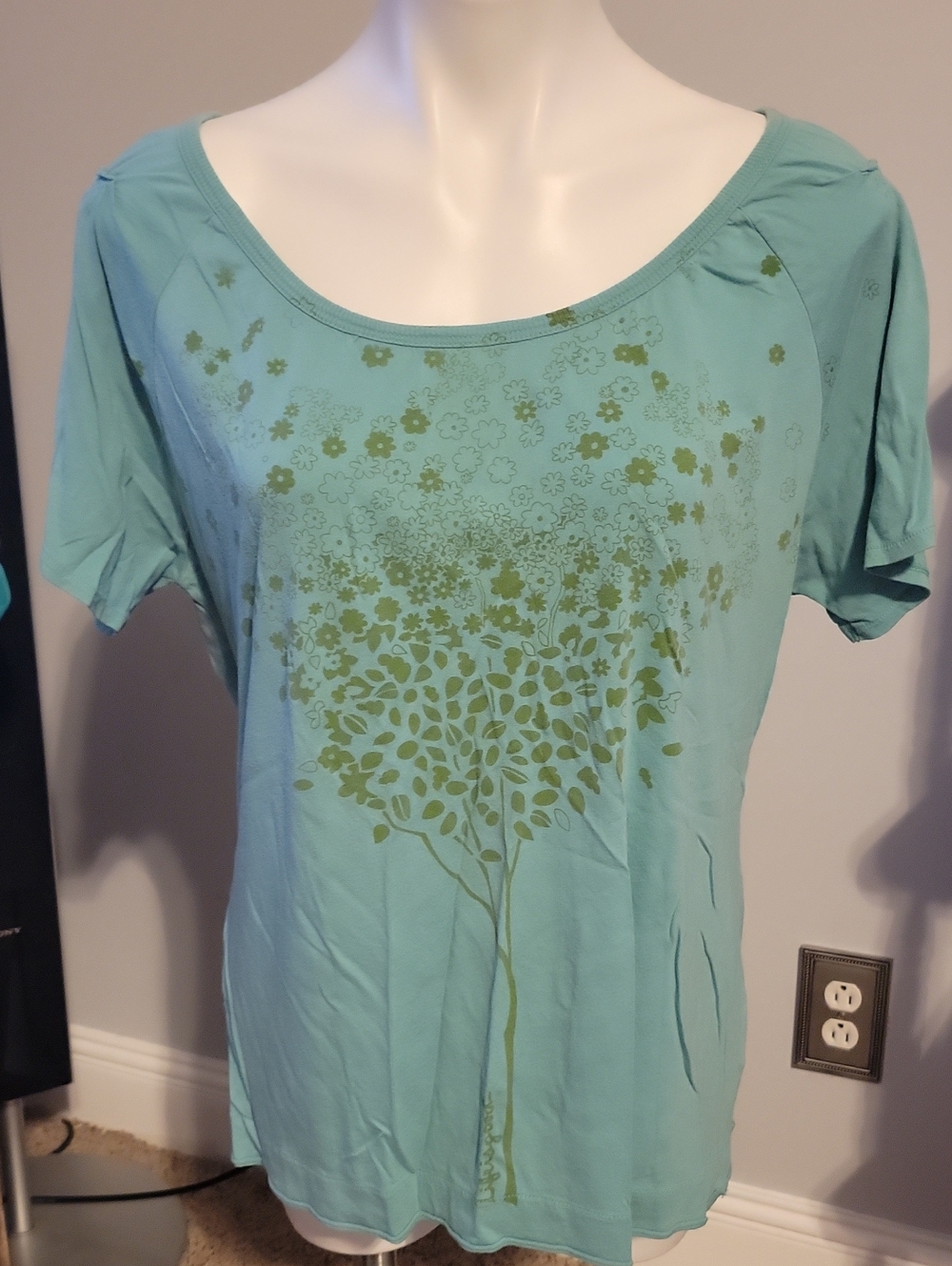 Life Is Good Teal Scoop Neck Top with Olive Green Tree Graphic...size LARGE